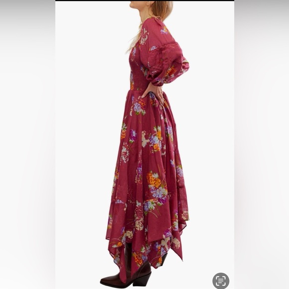 Free People Morning Glory Floral Smocked Burgundy  Long Sleeve Maxi Dress NWT M - Picture 3 of 9
